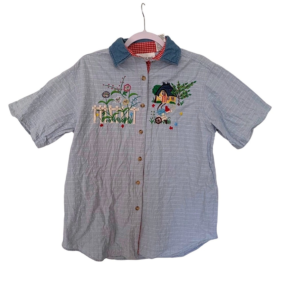 Vtg Casey & Max Embroidered Shirt M Cottagecore Garden House Grandmacore Teacher